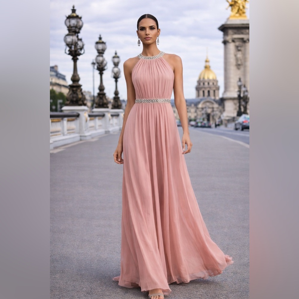 BCBGMAXAZRIA “Celestine” Beaded Halter Gown – Misty Rose – Size 0